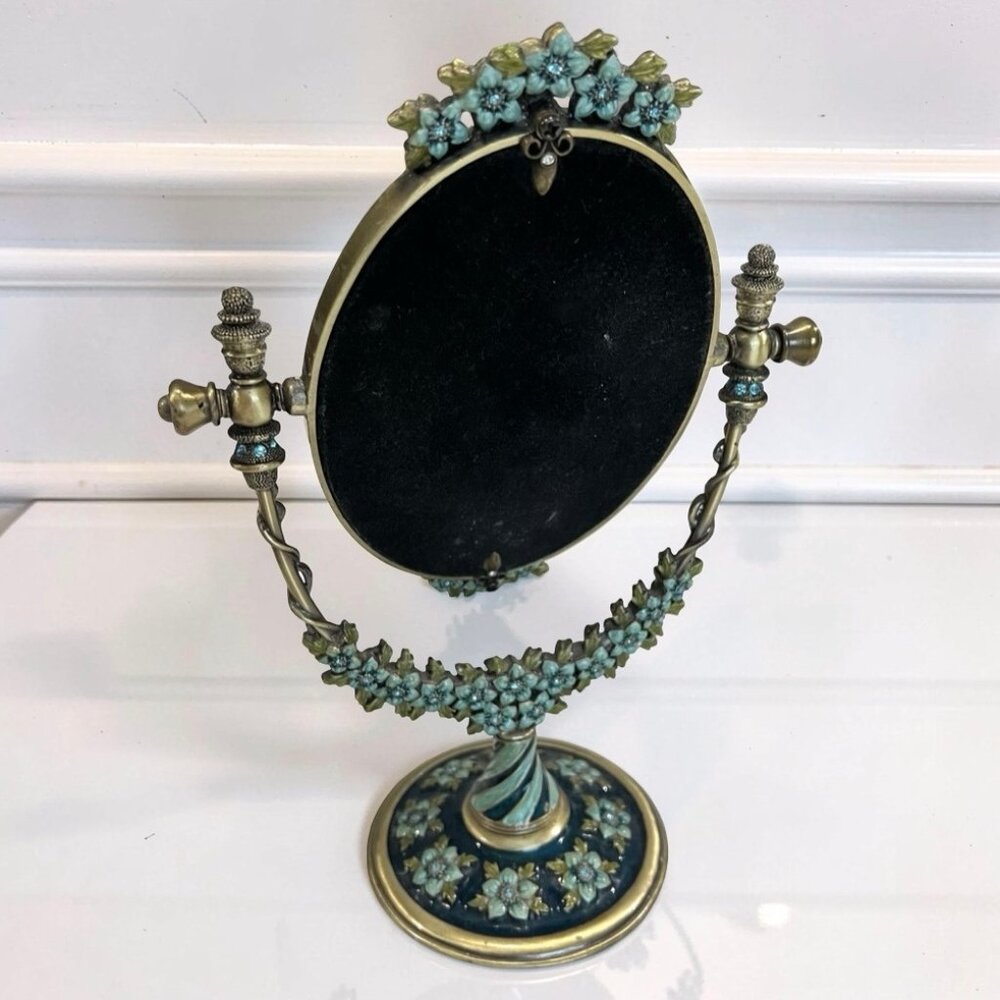 Vintage Brass Oval Vanity Makeup Desk Mirror, Enameled Metal Jeweled Tabletop - Picture 2 of 14